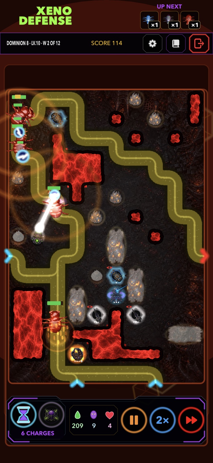 XenoDefense towers fighting a live alien swarm with the complete lower combat HUD visible